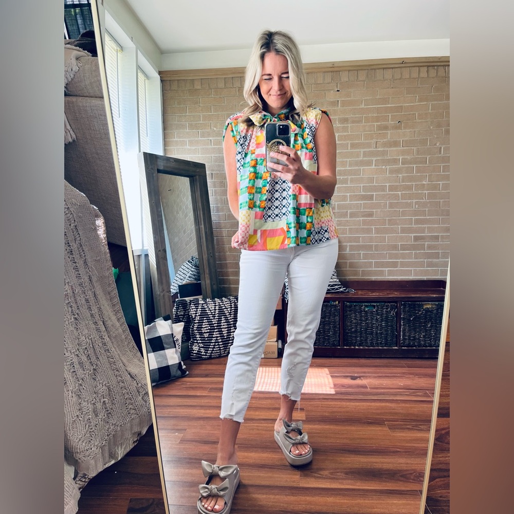 Fate Multicolor Patchwork Blouse With Bow - image 1